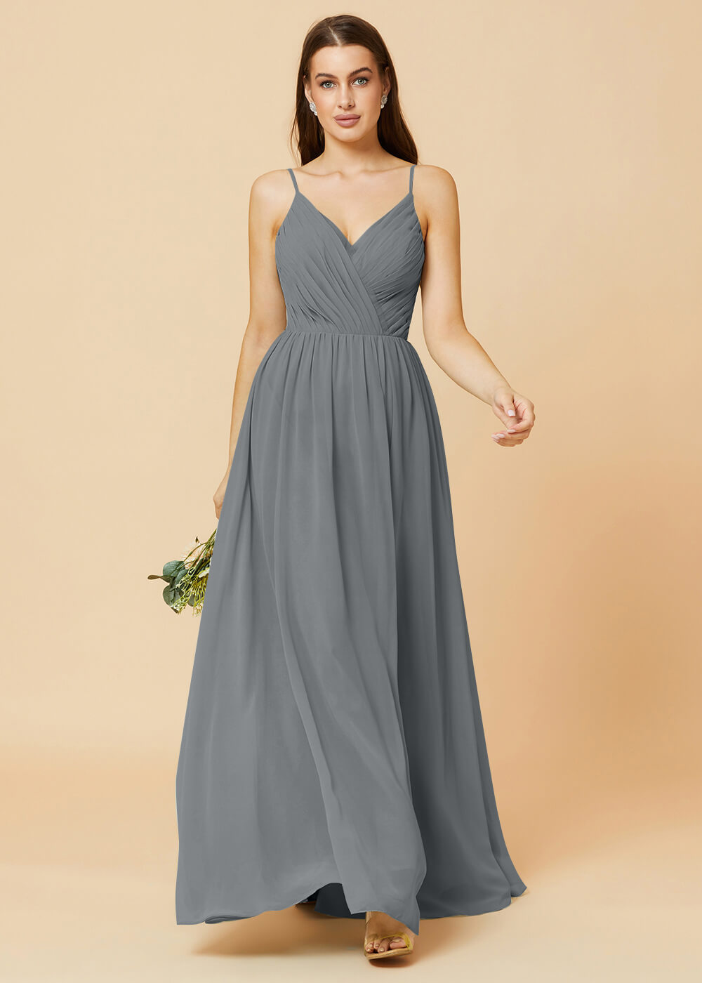 Spaghetti Strap V-neck Chiffon Maxi Bridesmaid Dress