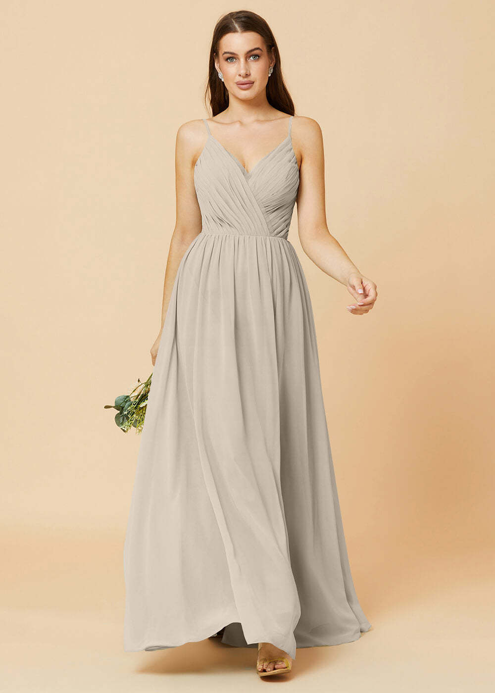 Spaghetti Strap V-neck Chiffon Maxi Bridesmaid Dress