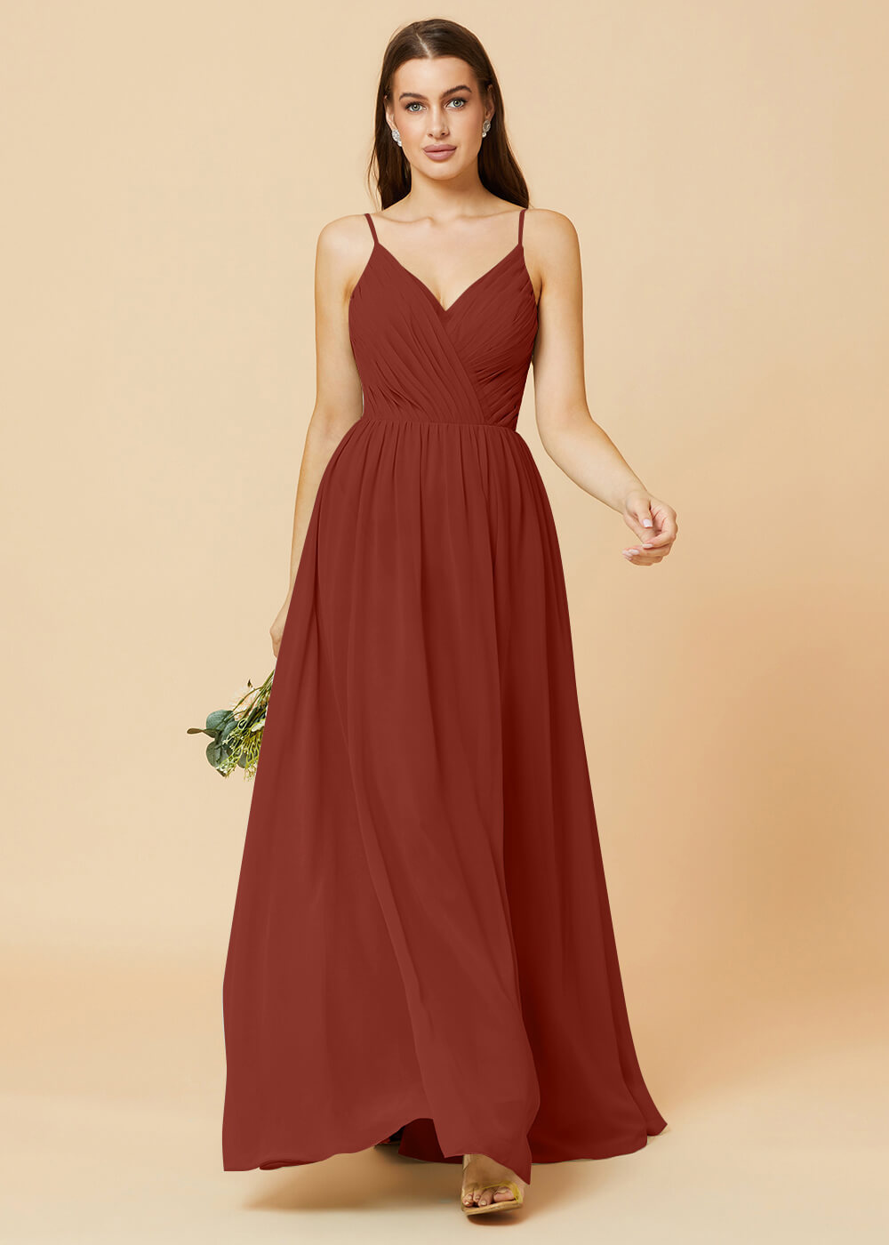 Spaghetti Strap V-neck Chiffon Maxi Bridesmaid Dress