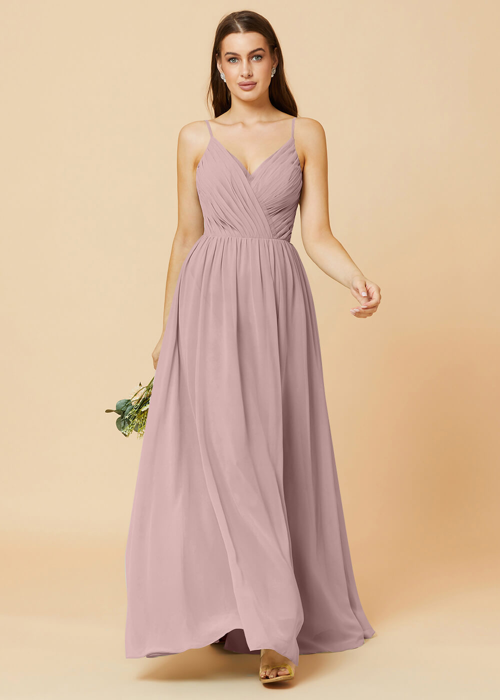 Spaghetti Strap V-neck Chiffon Maxi Bridesmaid Dress