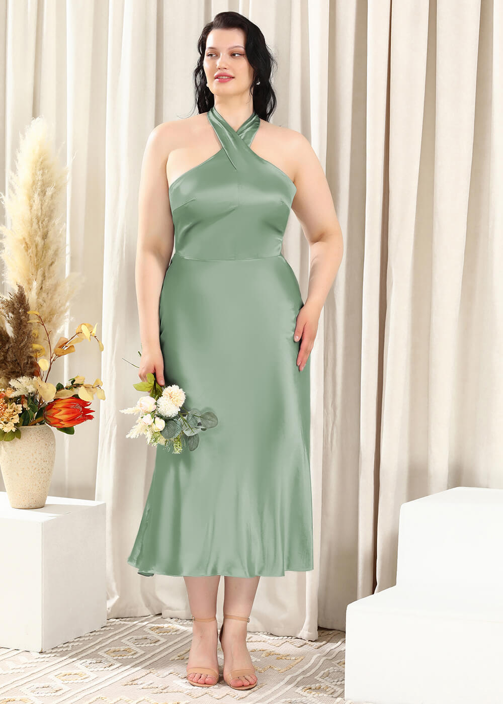 Halter Neck Sheath Satin Open Back Ankle Length Bridesmaid Dress