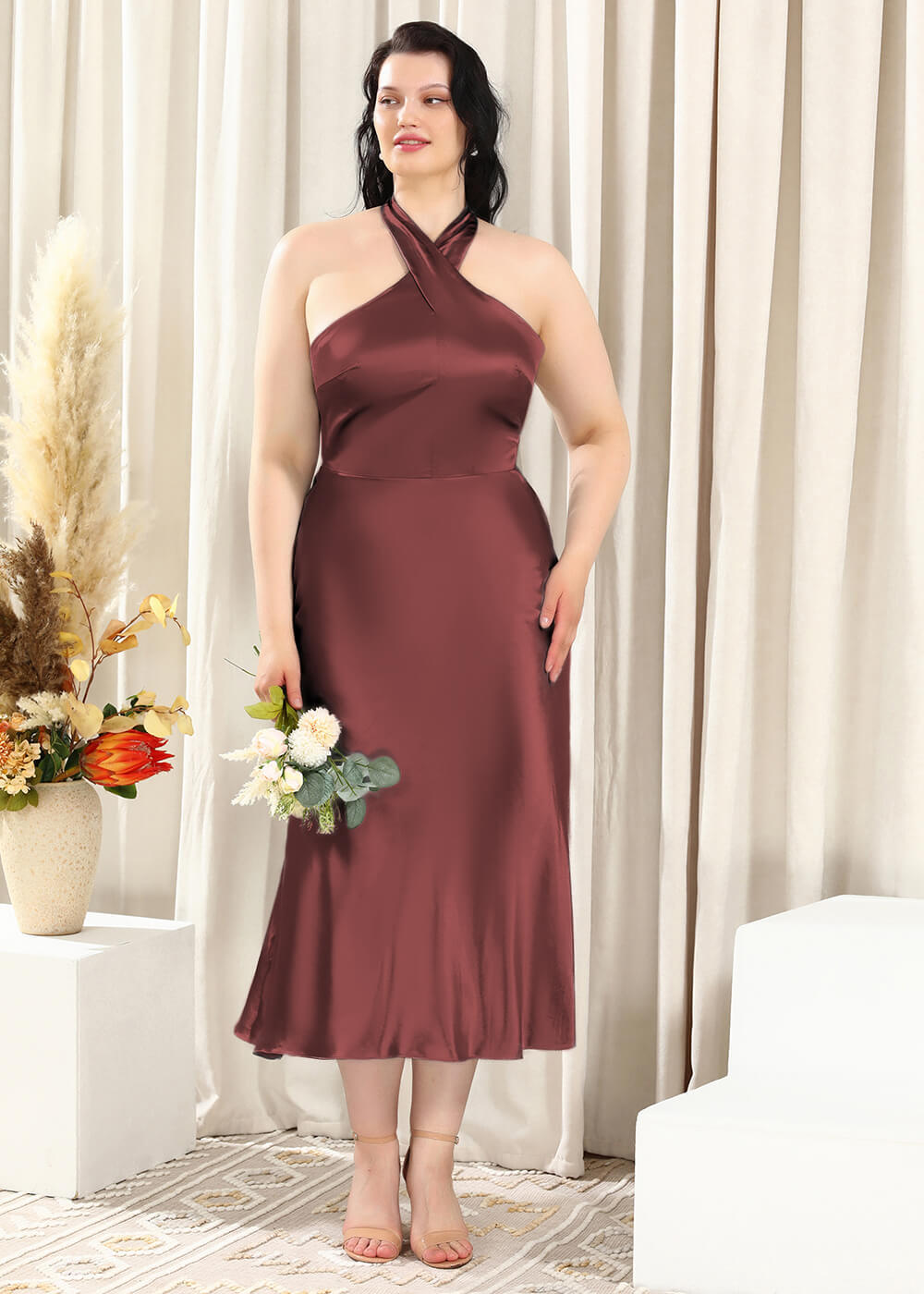 Halter Neck Sheath Satin Open Back Ankle Length Bridesmaid Dress