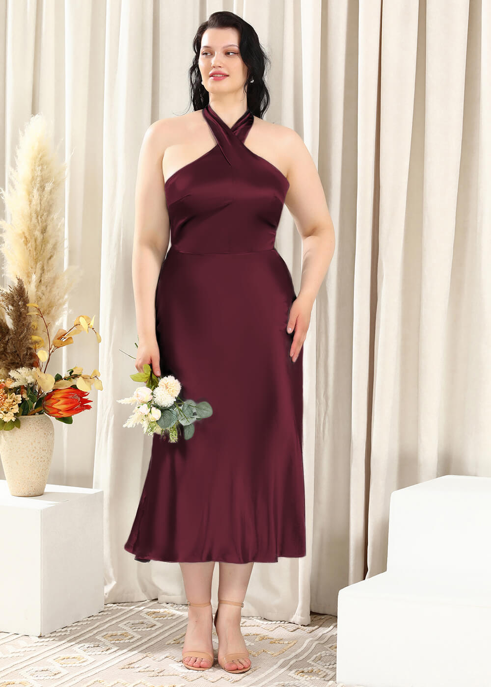 Halter Neck Sheath Satin Open Back Ankle Length Bridesmaid Dress