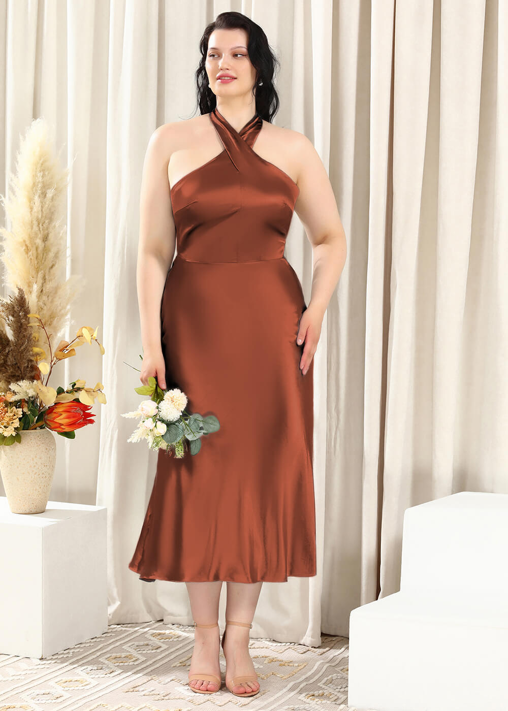 Halter Neck Sheath Satin Open Back Ankle Length Bridesmaid Dress