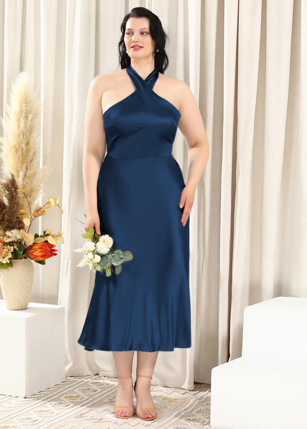 Halter Neck Sheath Satin Open Back Ankle Length Bridesmaid Dress