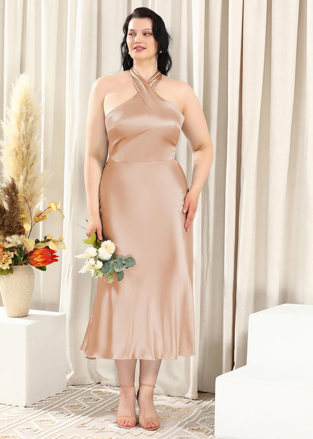 Halter Neck Sheath Satin Open Back Ankle Length Bridesmaid Dress