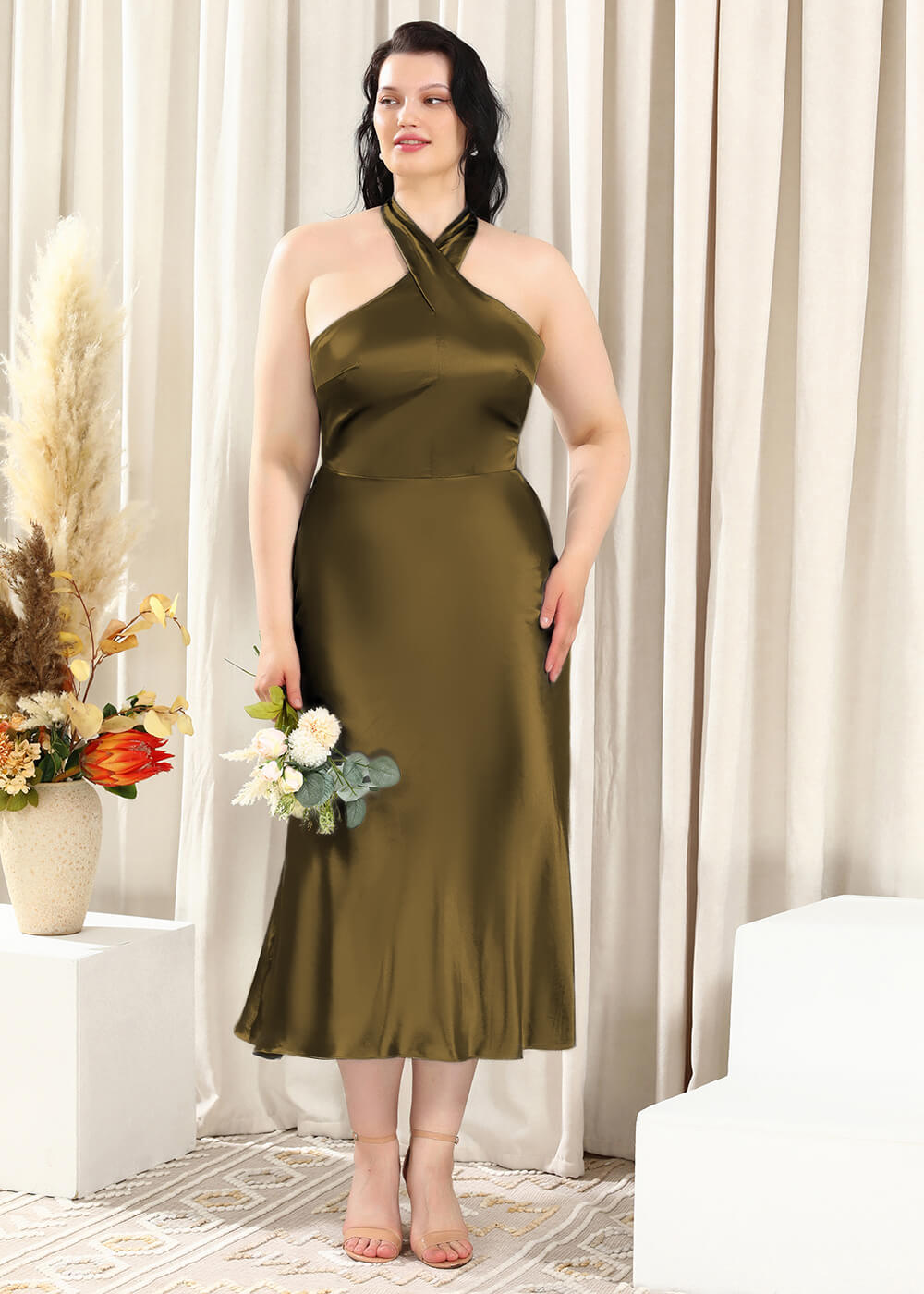 Halter Neck Sheath Satin Open Back Ankle Length Bridesmaid Dress