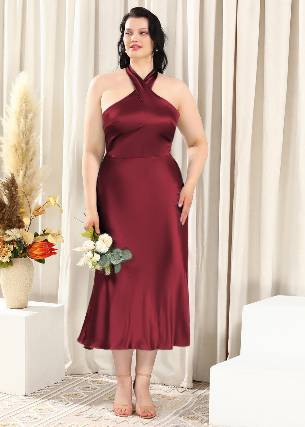 Halter Neck Sheath Satin Open Back Ankle Length Bridesmaid Dress