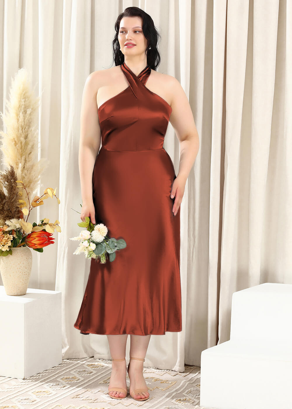 Halter Neck Sheath Satin Open Back Ankle Length Bridesmaid Dress