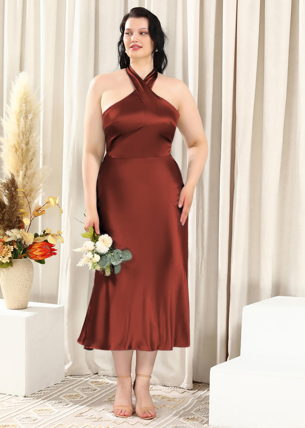 Halter Neck Sheath Satin Open Back Ankle Length Bridesmaid Dress