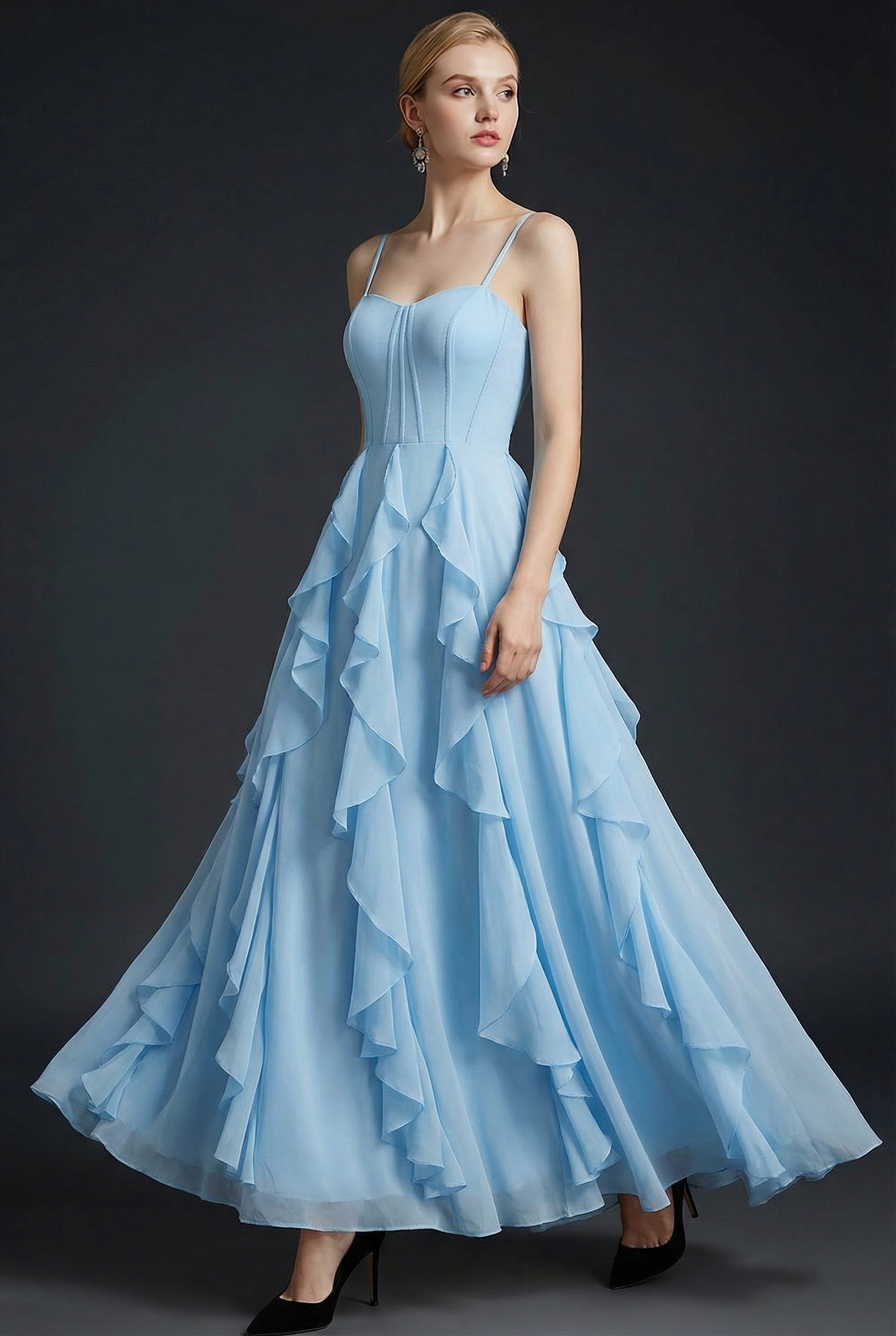 Sky Blue A Line Corset Ruffled Long Bridesmaid Dress