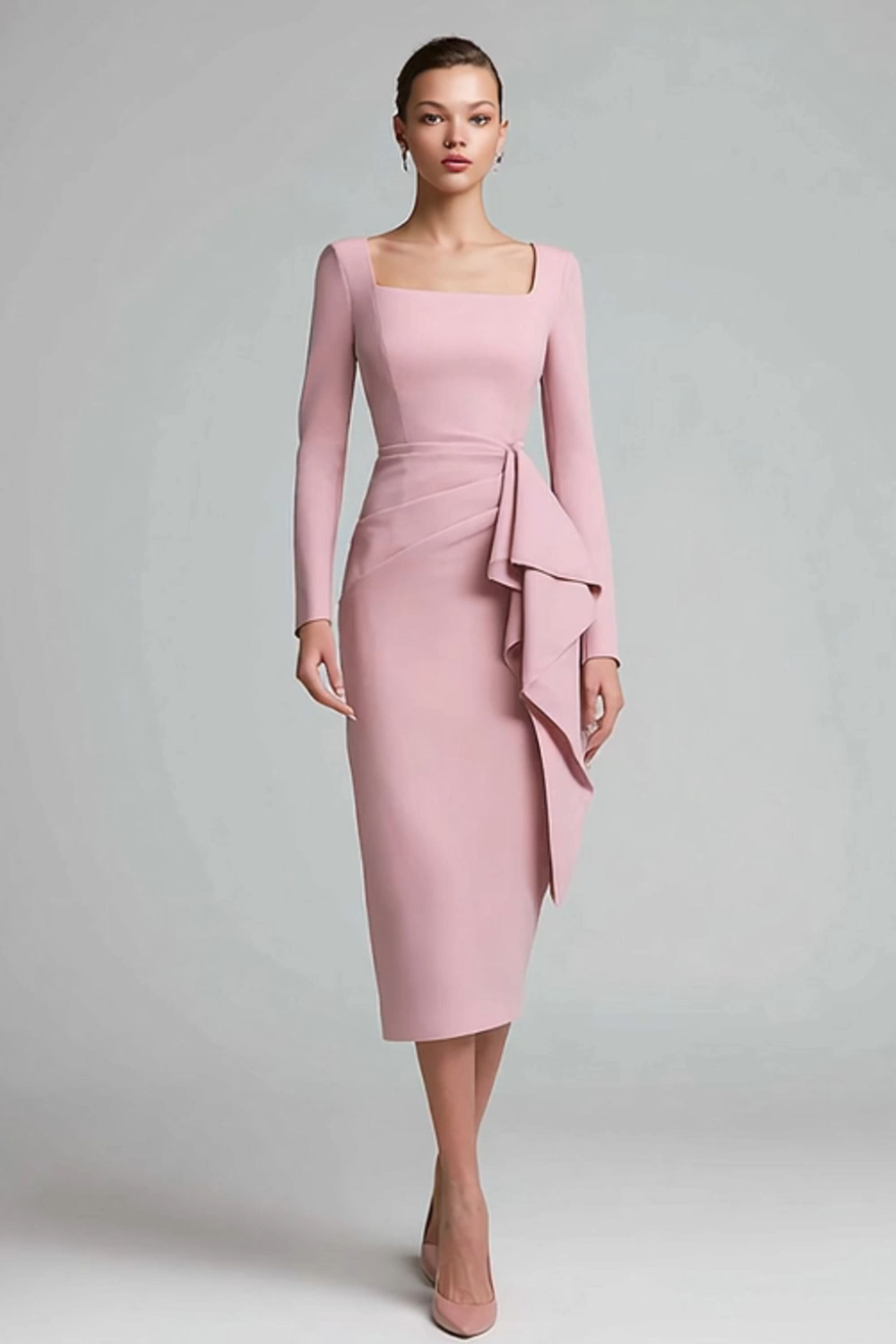 Midi Pencil Pink Ruched Square Neck Work Dress with Ruffles