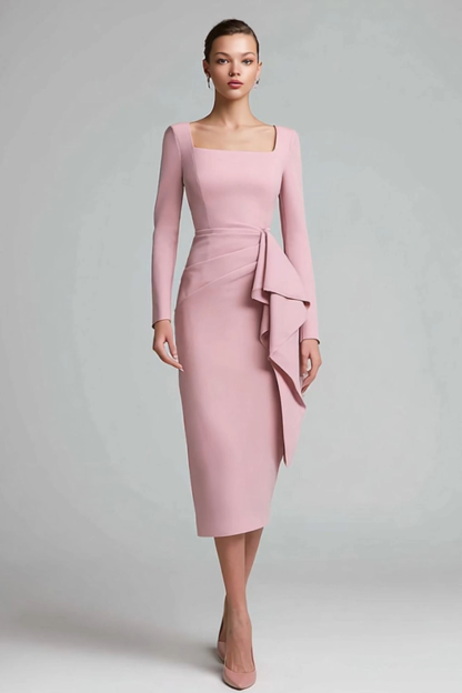 Midi Pencil Pink Ruched Square Neck Work Dress with Ruffles