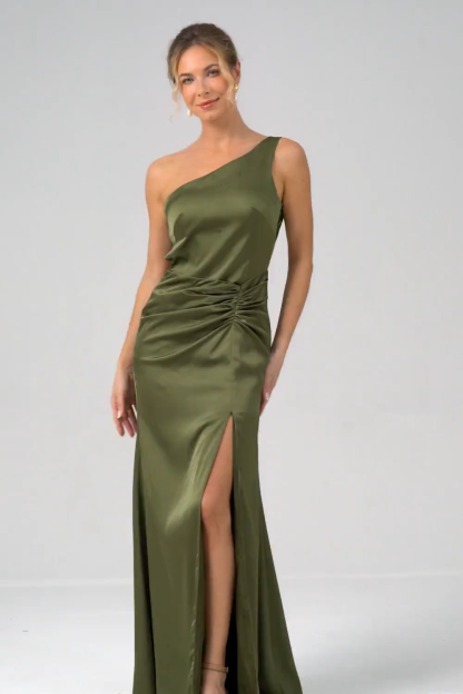 Olive One Shoulder Mermaid Satin Long Bridesmaid Dress