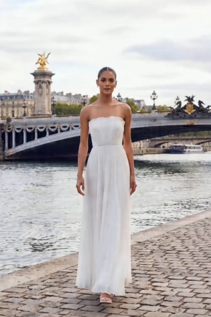 White Sheath Pleated Strapless Maxi Wedding Reception Dress