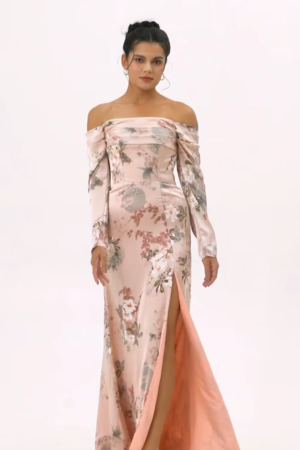 Blush Satin Floral Long Sleeves Bridesmaid Dress with Slit