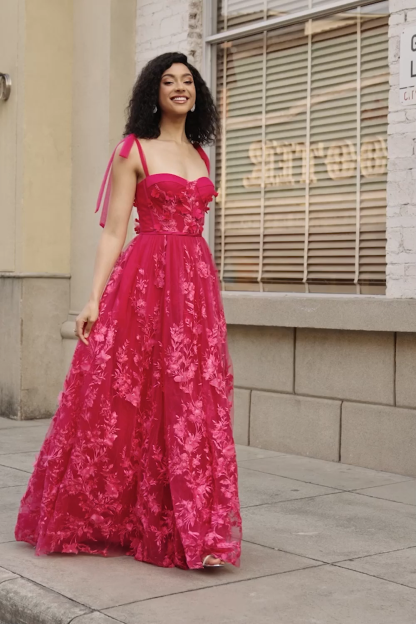 Hot Pink A Line Spaghetti Straps Tulle Long Prom Dress With Slit