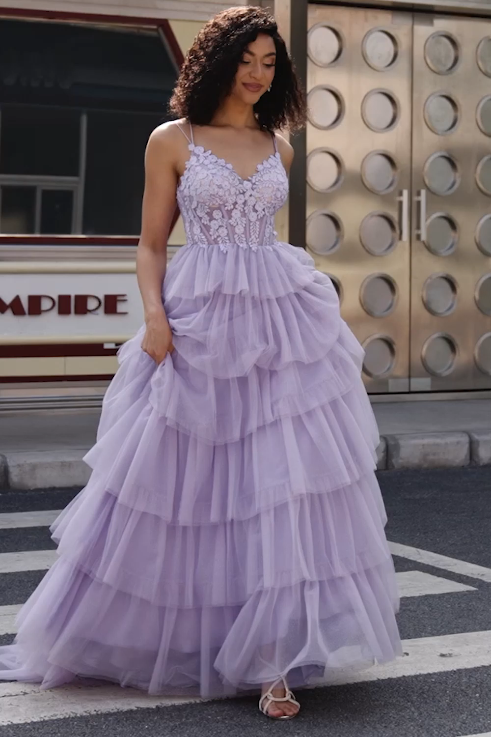 Lilac Princess A Line Spaghetti Straps Long Corset Prom Dress With Appliques Ruffles
