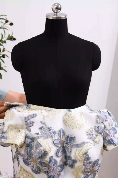 Jacquard Dusty Blue Floral A Line Long Wedding Guest Dress