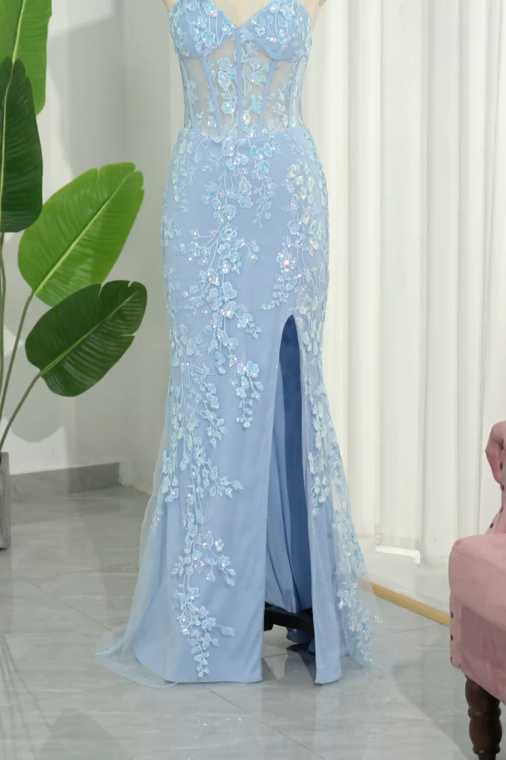 Light Blue Mermaid Sweetheart Appliques Long Corset Prom Dress With Slit