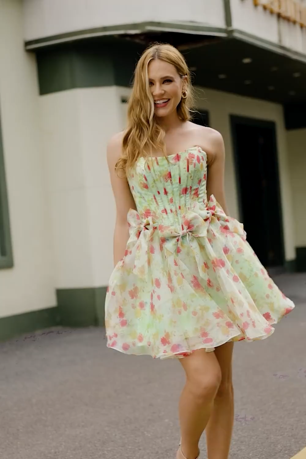 Green Floral Strapless A Line Short Corset Homecoming Dress with Bows