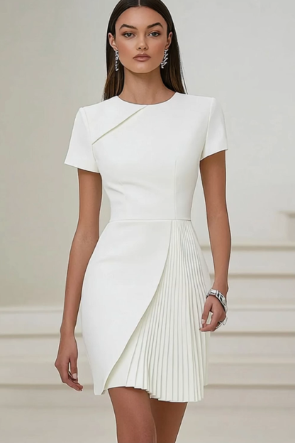 Ivory Jewel Neck Short Sleeves Bodycon Work Dress with Pleats