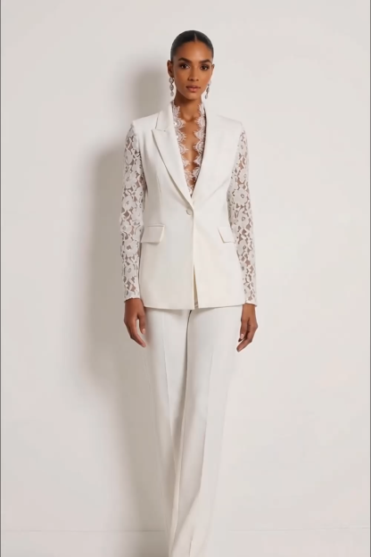2 Piece One Button White Peak Lapel Formal Suits with Lace
