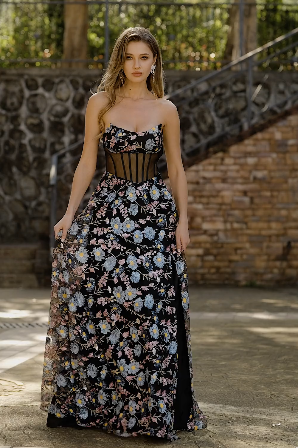 Floral Black Strapless A-Line Long Corset Prom Dress