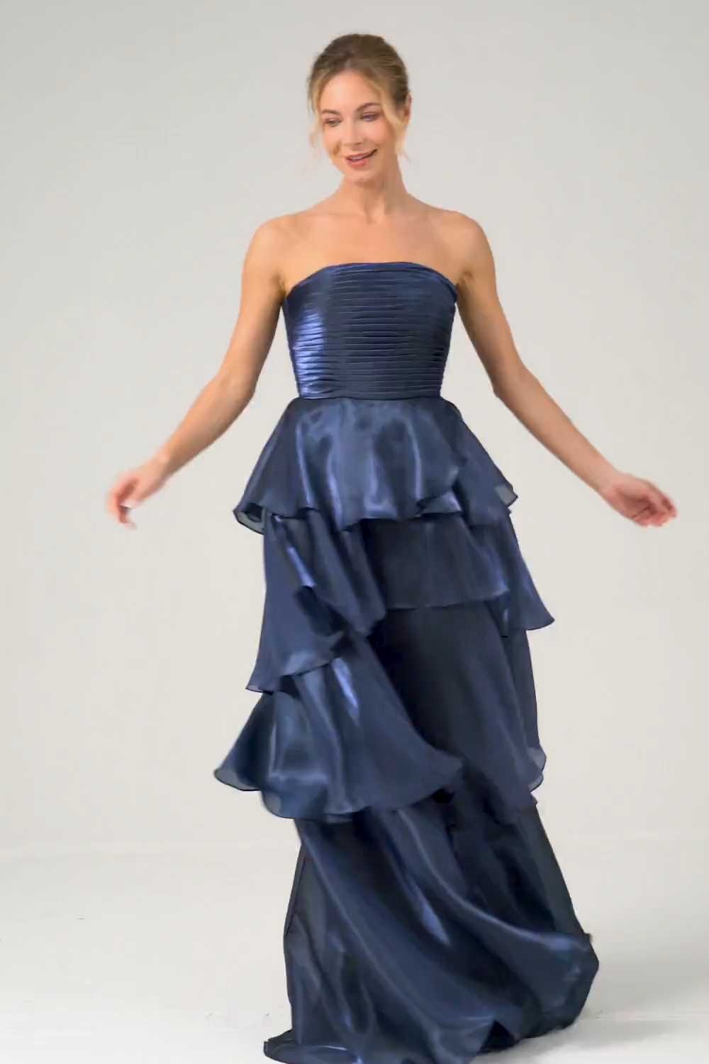 Dark Navy A Line Pleated Strapless Tiered Satin Bridesmaid Dress