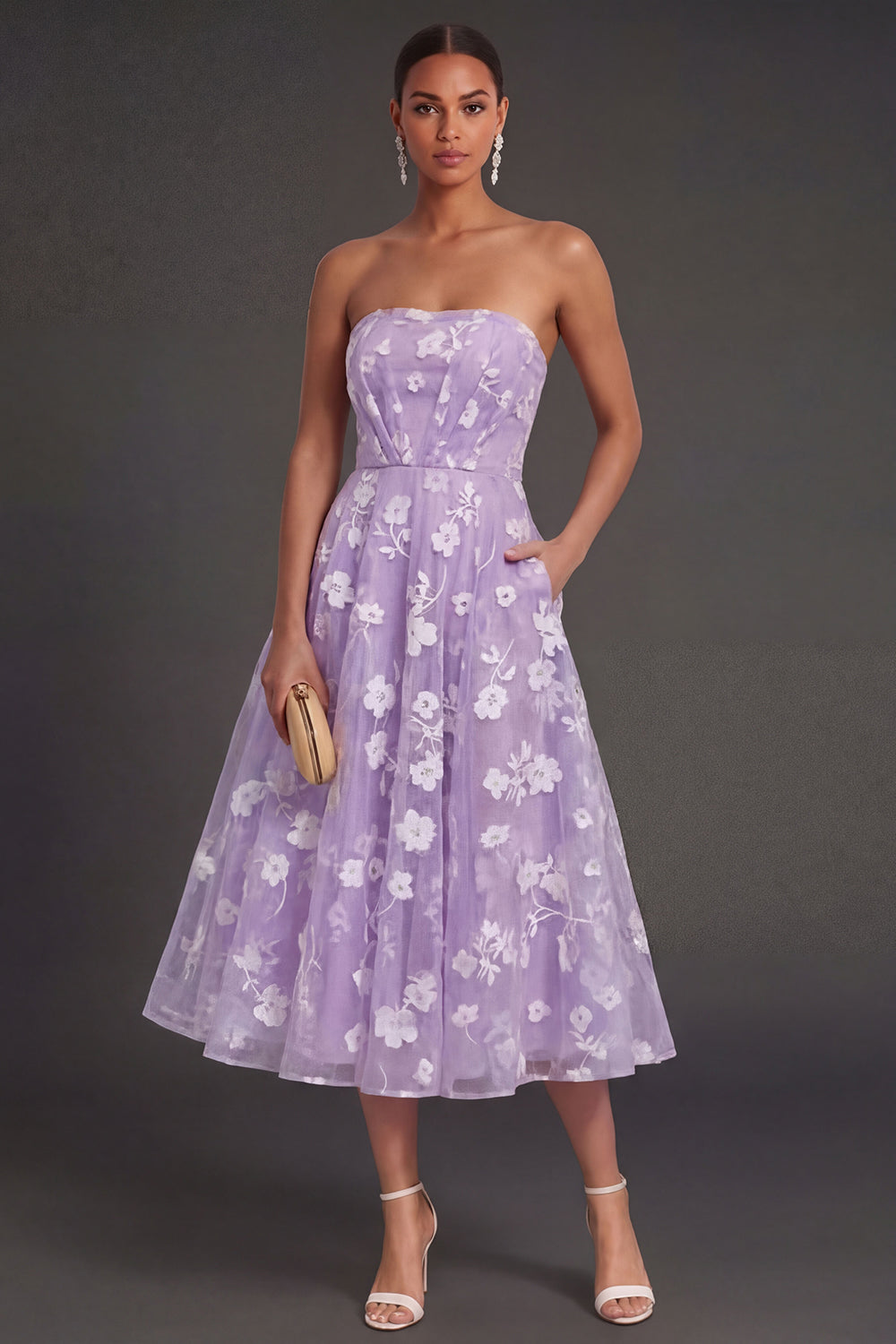 White Floral Appliqued Strapless Midi Beach Engagement Dress