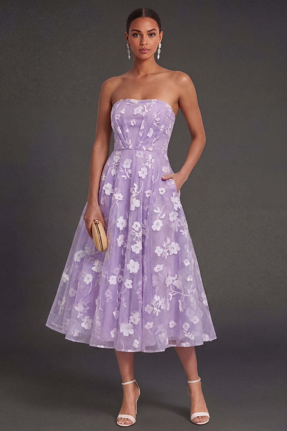 White Floral Appliqued Strapless Midi Beach Engagement Dress