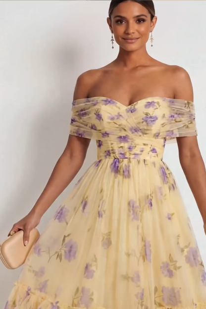 Yellow Floral Off the Shoulder A Line Maxi Wedding Guest Dress
