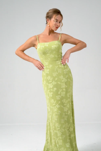 Green Embroidery Mermaid Bridesmaid Dress with Lace Up Back