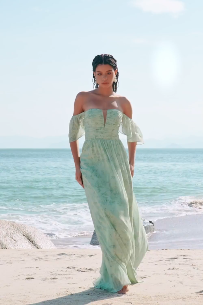 Dusty Sage A Line Pleated Floral Chiffon Bridesmaid Dress with Slit