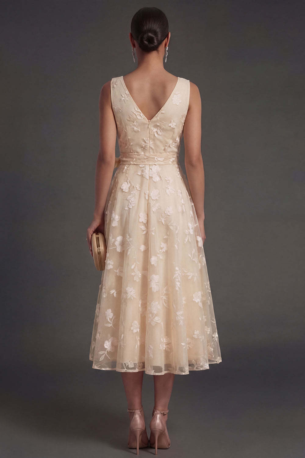 Blue A Line Floral V Neck Ruched Midi Beach Wedding Guest Dress