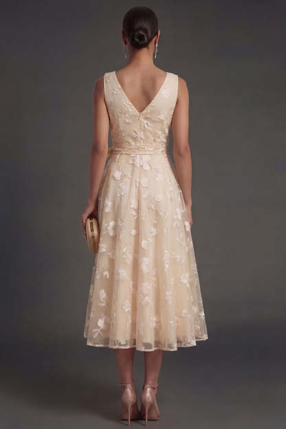 Blue A Line Floral V Neck Ruched Midi Beach Wedding Guest Dress