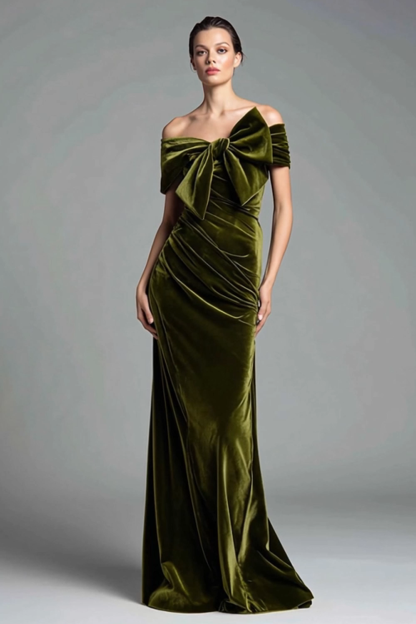 Olive Velvet Ruched Sheath Maxi Holiday Party Dress with Bow
