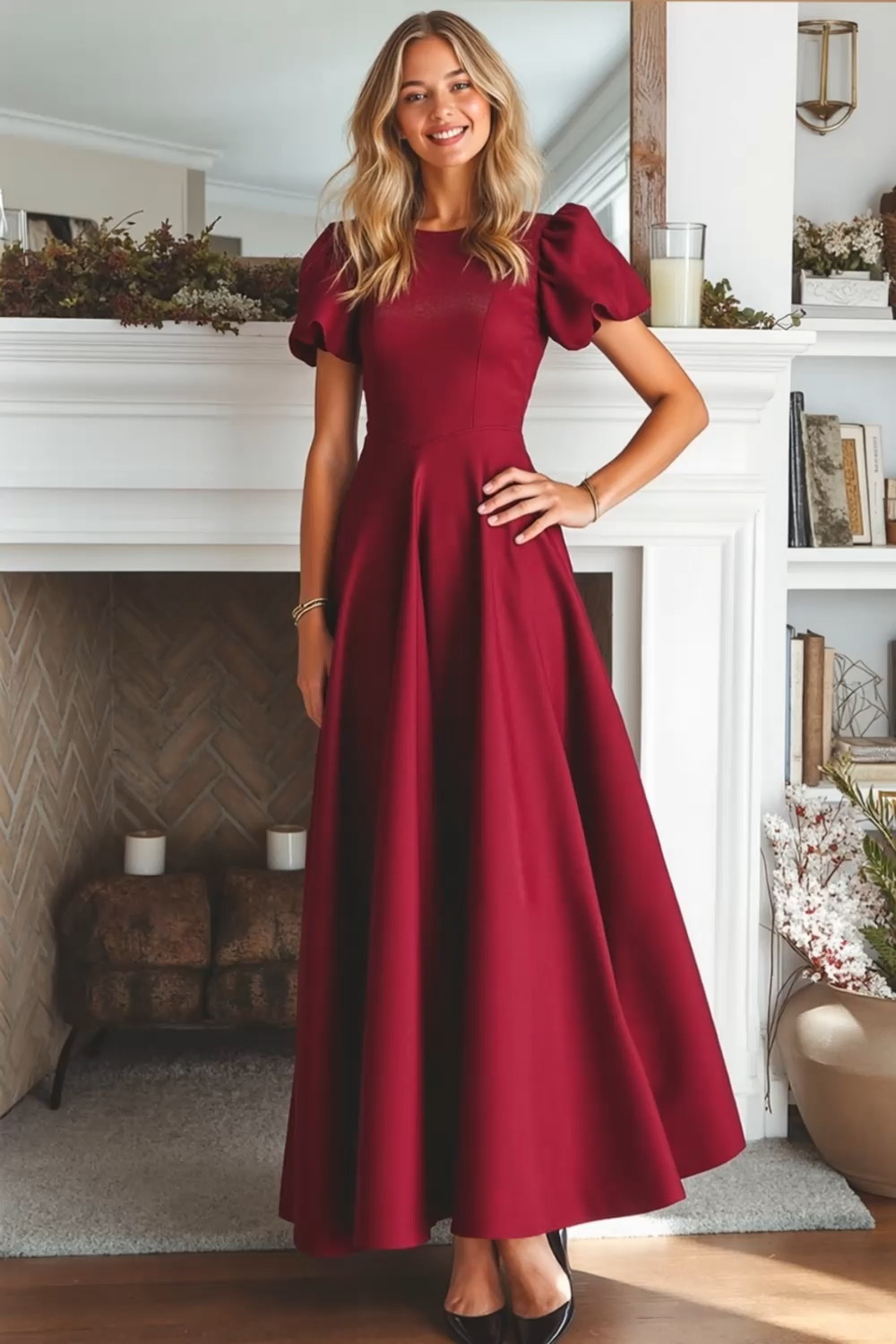 Burgundy A Line Puff Sleeves Maxi Formal Dress