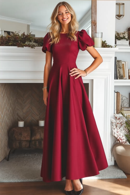 Burgundy A Line Puff Sleeves Maxi Formal Dress