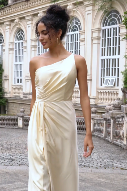 Champagne One Shoulder Sheath Long Bridesmaid Dress With Slit