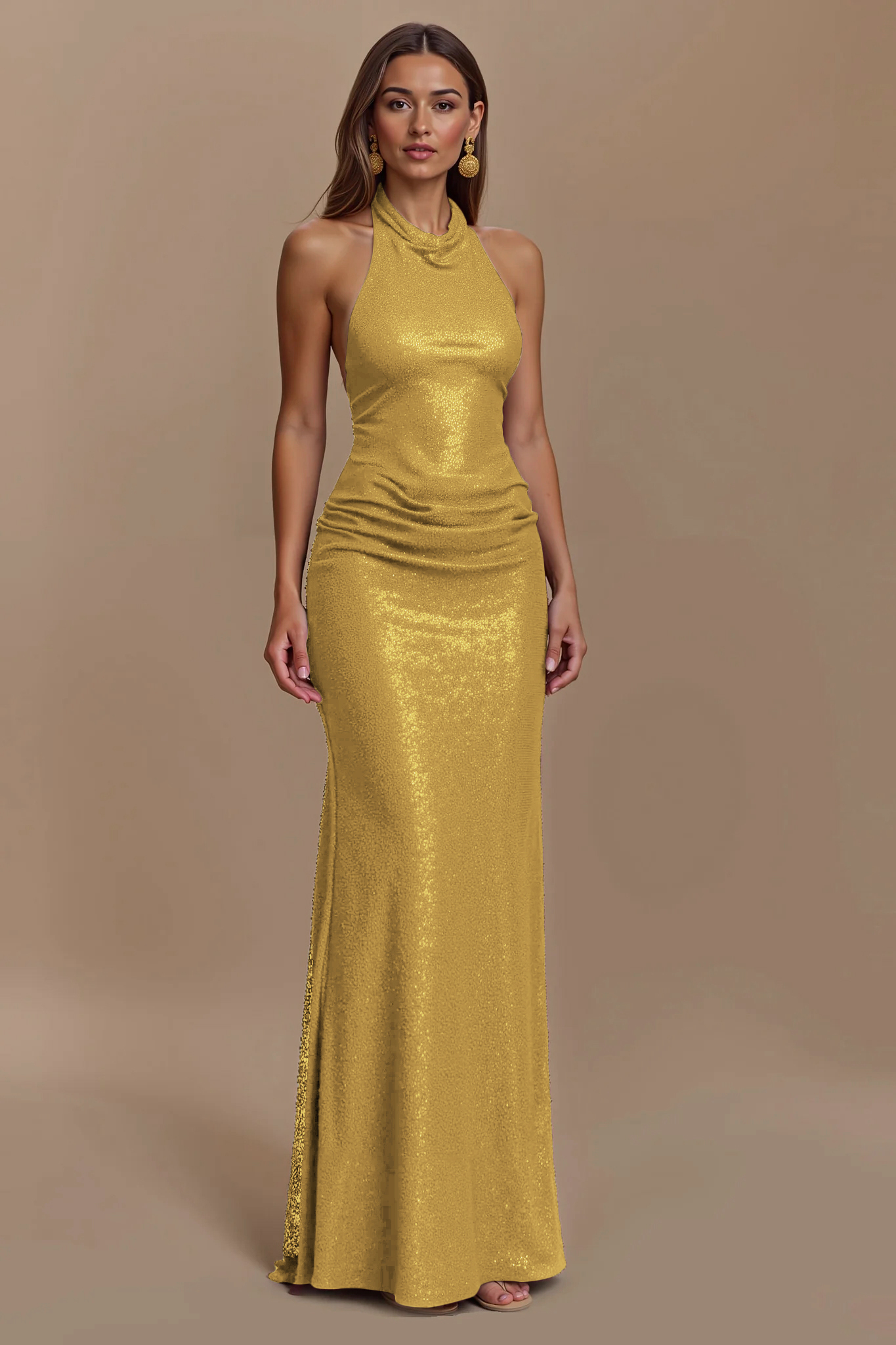 Glitter Burgundy Sheath Ruched Halter Maxi Holiday Party Dress