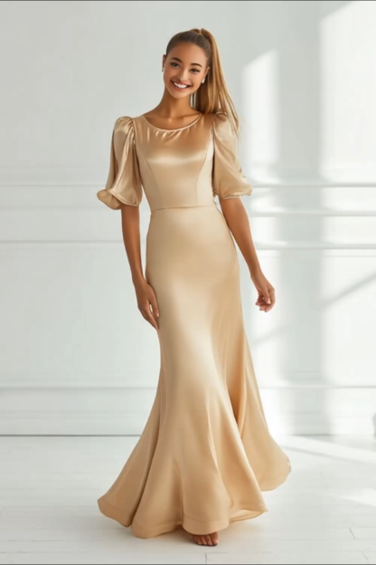 Champagne Round Neck Satin Maxi Bridesmaid Dress with Sleeves