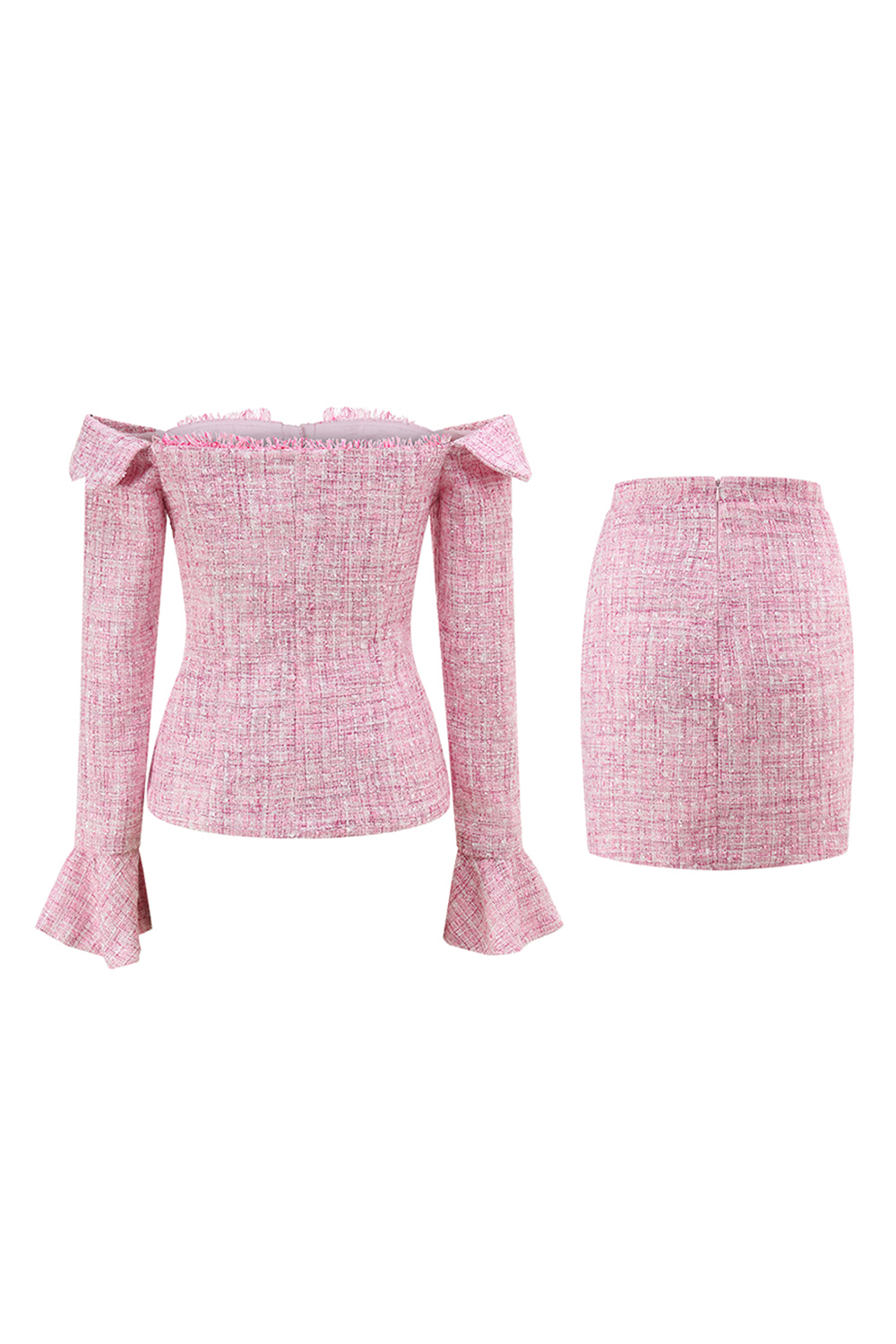 Pink Off the Shoulder 2 Piece Tweed Pencil Homecoming Outfits