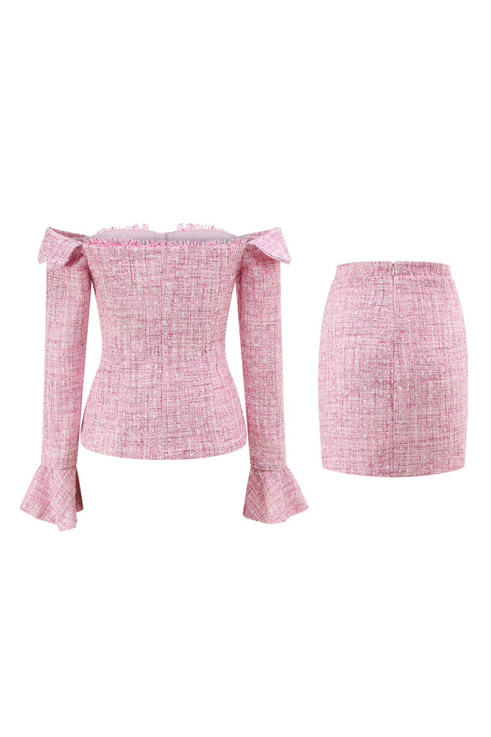 Pink Off the Shoulder 2 Piece Tweed Pencil Homecoming Outfits