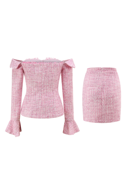 Pink Off the Shoulder 2 Piece Tweed Pencil Homecoming Outfits