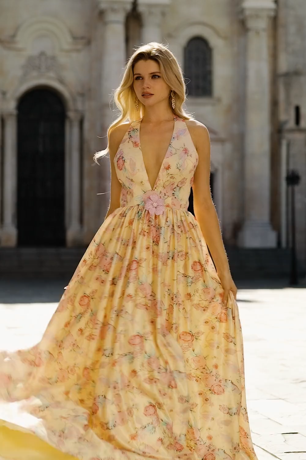 Yellow and Pink Flower V-Neck Princess Long Prom Dress with Slit