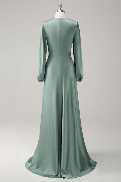 Sage Long Sleeves Satin A-Line Bridesmaid Dress