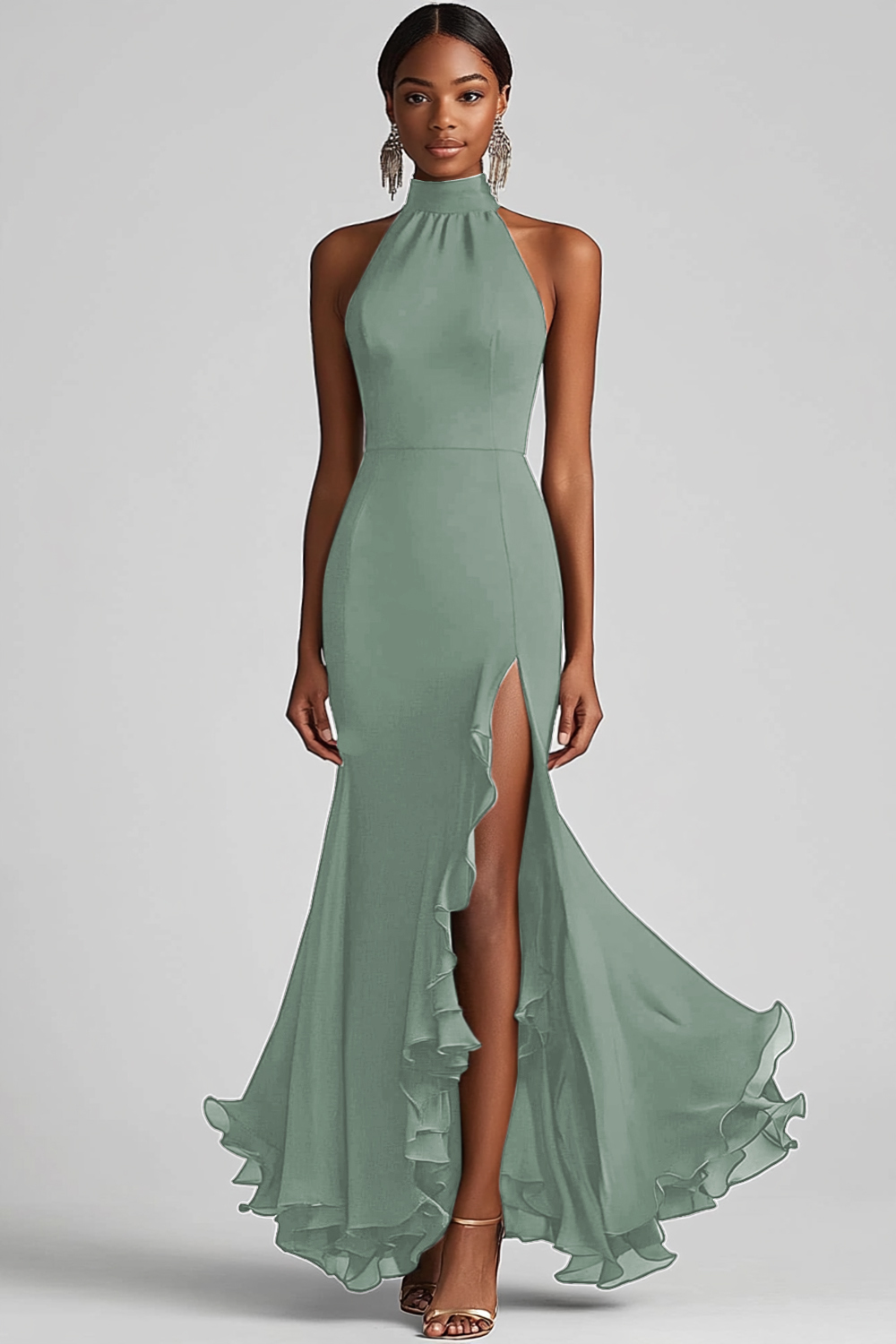 Black Halter Sheath Ruffled Formal Dress with Slit