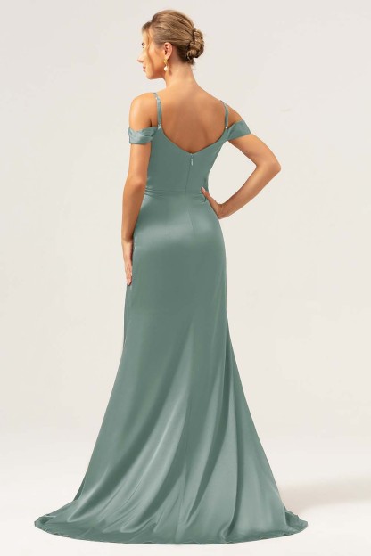 Coffee Cold Shoulder Satin Mermaid Wedding Party Dress with Slit