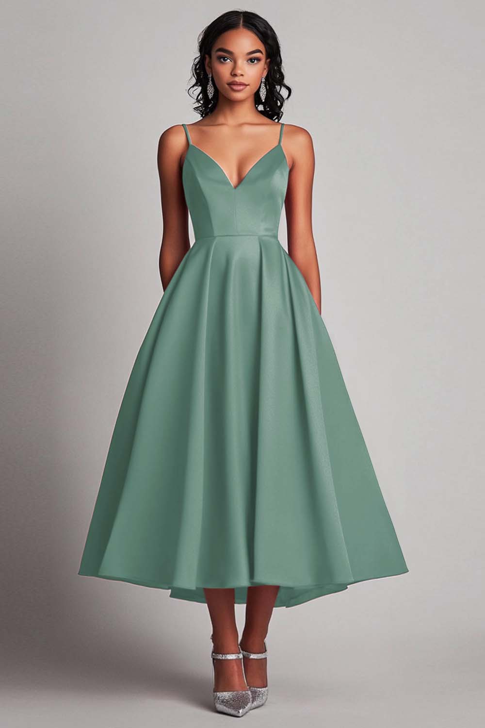 Red Satin A-Line Spaghetti Straps Tea Length Formal Dress